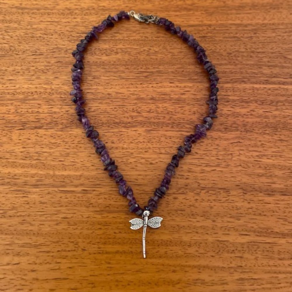 Amethyst necklace with silver dragonfly